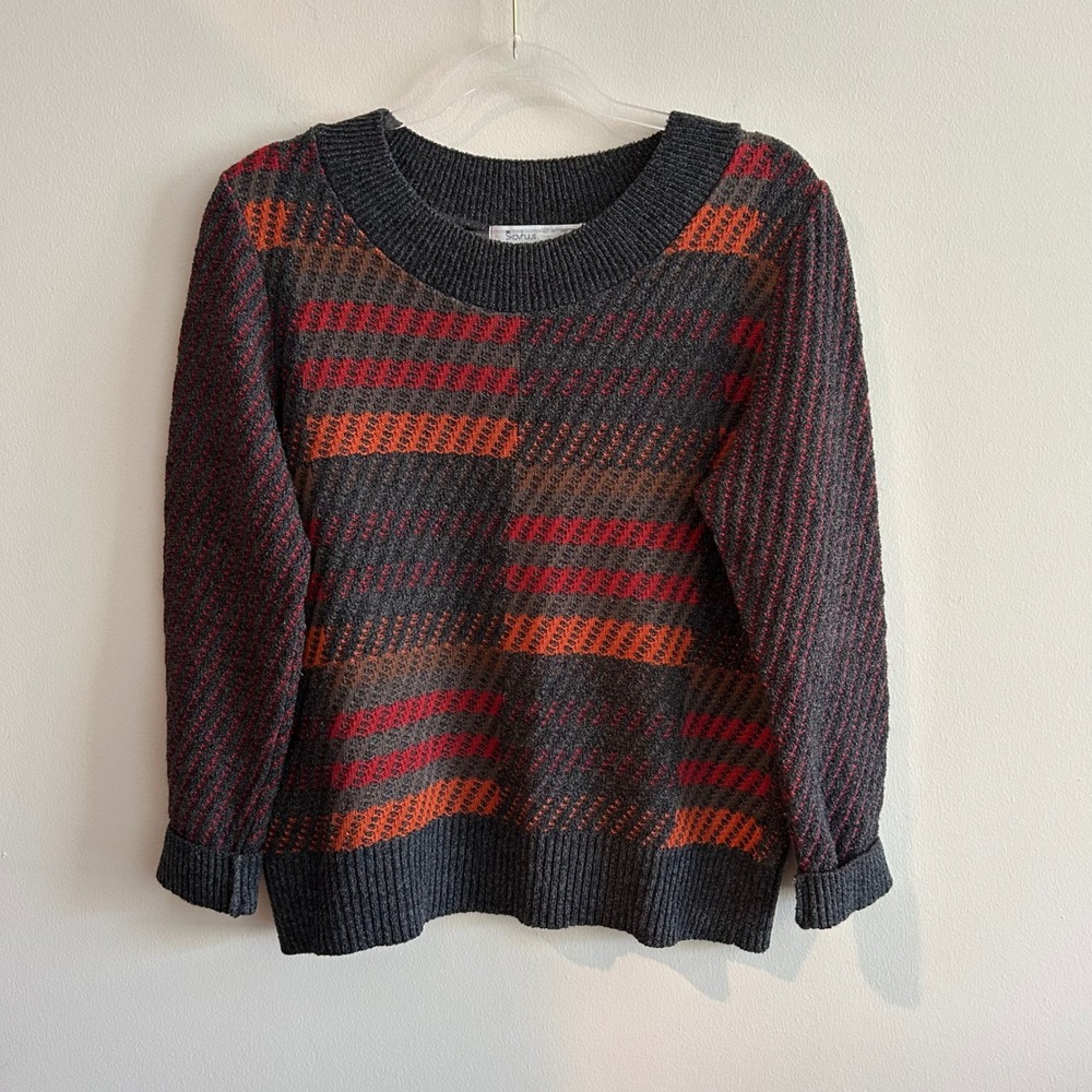 Skovhuus Sweater Charcoal Grey Orange Red Size M Striped Textured Knit Denmark